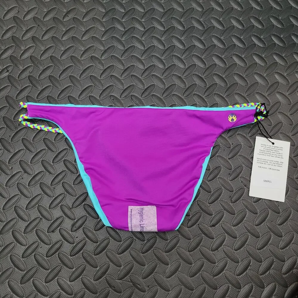 Pepper Swimwear Bikini Bottoms Small Reversible Purple Blue Braided NWT